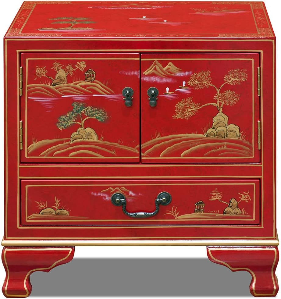 ChinaFurnitureOnline Hand Painted Red Chinoiseries Scenery Motif Oriental Accent Cabinet