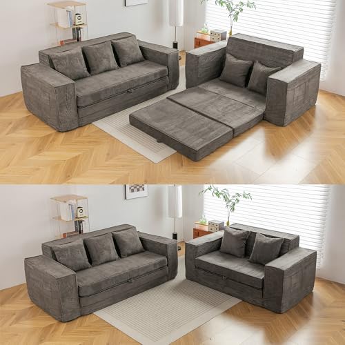 HOMREST 76" Convertible Memory Foam 3-seat Sofa, Pull Out Sleeper Sofa Bed, 2 in 1 Folding Couch Bed, Fold Out Floor Couch Corduroy Fabric with 3 Pillows for Living Room Bedroom Lounge (Grey)