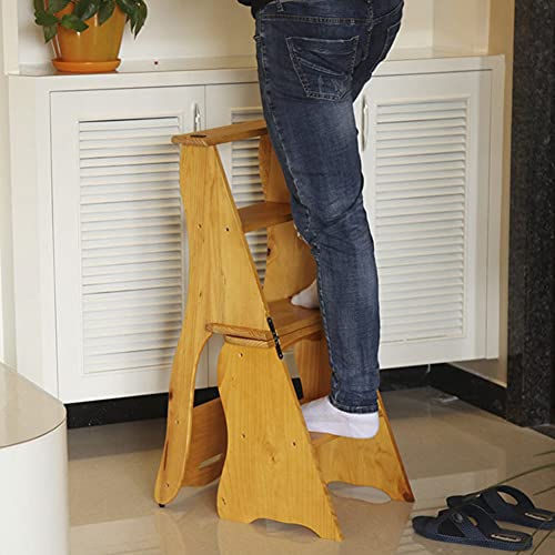 Wooden Folding Library Ladder Chair 2 in 1 Lightweight Portable Multifunctional Step Stool, 4 Step Stool Dual Purpose Step Ladders Display Stand and Flower Stand for Home (Brown)