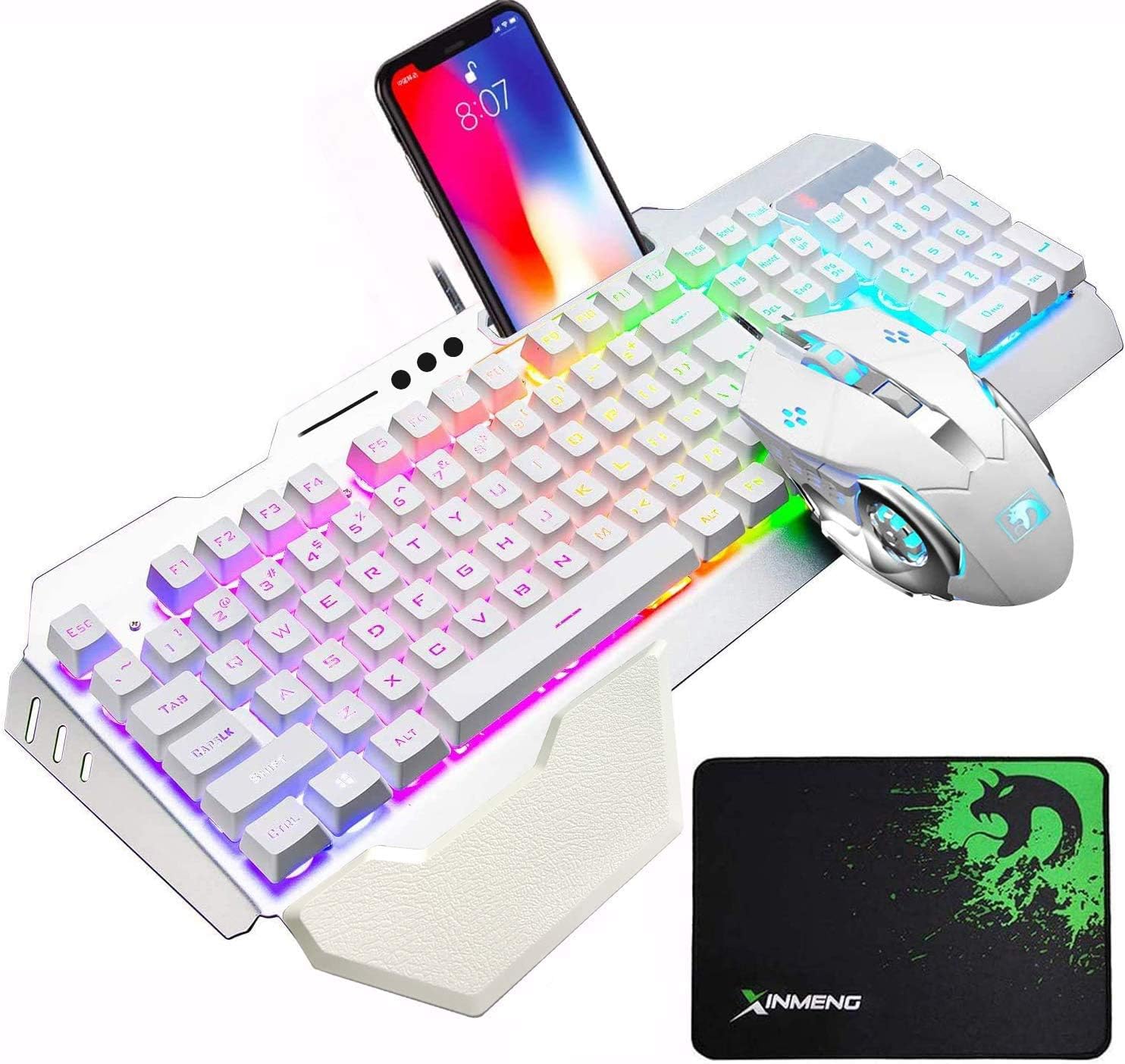 FELiCON Wired Game Keyboard and Mouse Combo, RGB LED Backlit Mechanical Feel Keyboard with Hand Rest Phone Holder,and 6 Button 3200 DPI Mice and Large RGB Mouse Pad for Computer Gamer Office