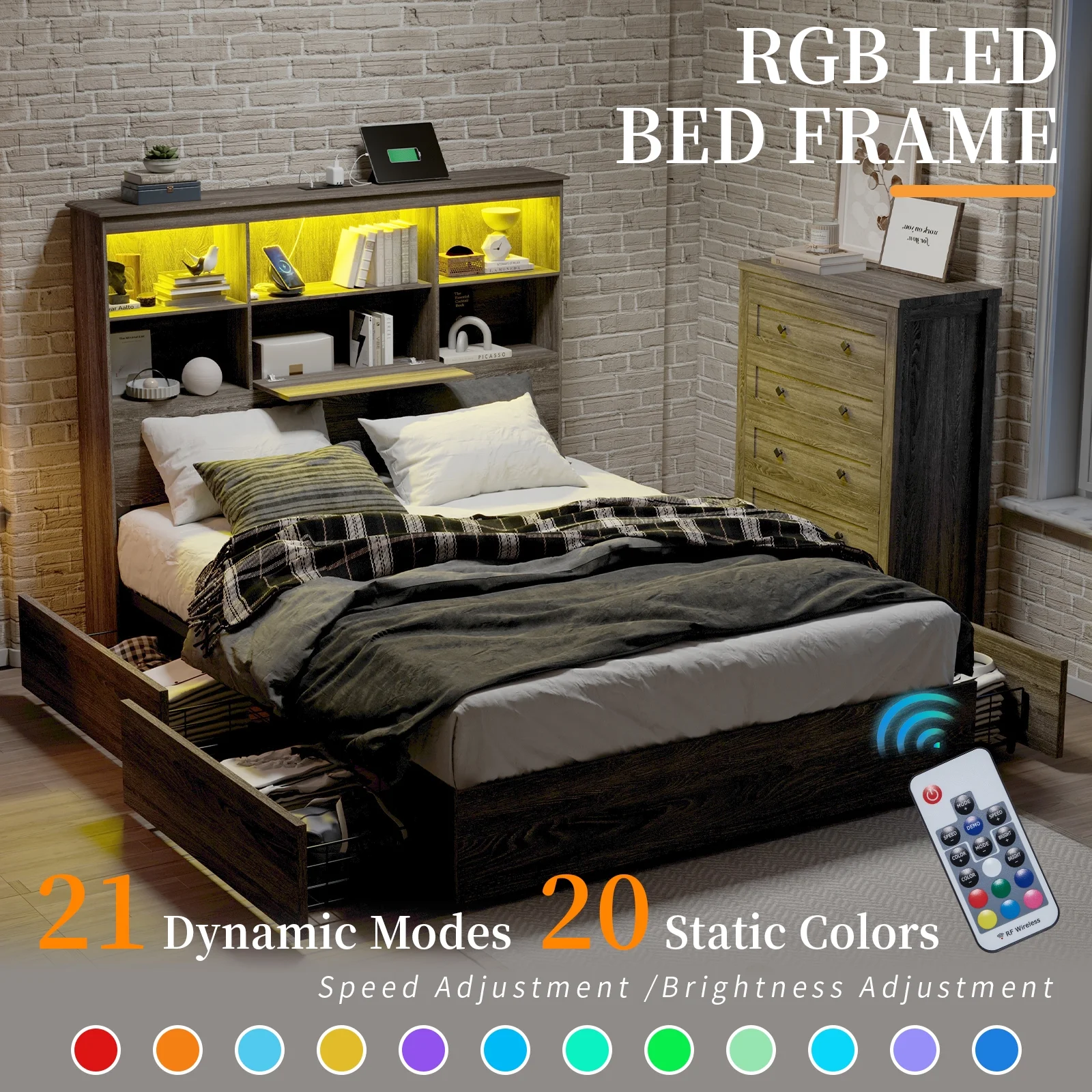 LUXOAK Queen Size Bed Frame with LED Bookcase Headboard, Wooden Storage Bed with Charging Station & 4 Drawers, No Box Spring Needed/Noise-Free/Rustic Grey