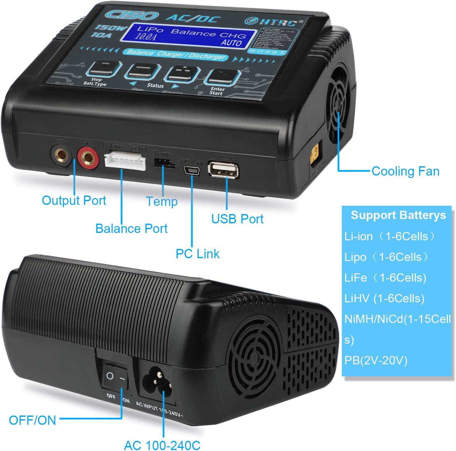 LiPo Charger Lipo Battery Balance Charger RC Charger RC Car Battery Charger Discharger 150W 10A 1-6S AC/DC for Li-ion/Life/NiCd/NiMH/LiHV/PB/Smart Battery(Battery Charger Adapter)