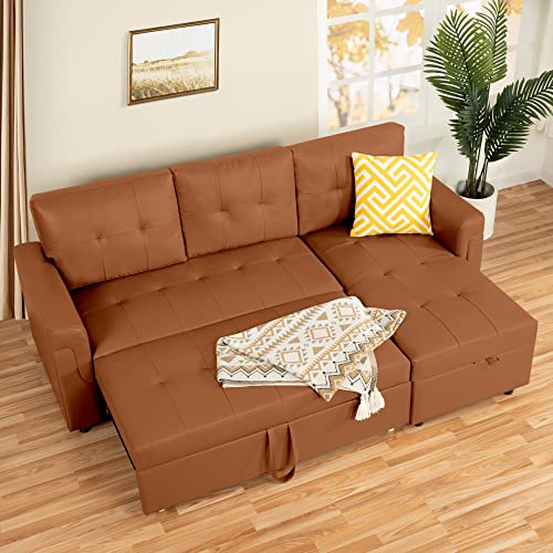 Naomi Home Jenny Sectional Sofa Sleeper with Storage Chaise, Tufted Pull Out Couch with Storage, L-Shaped Reversible Sleeper Sofa with Storage, Black,Air Leather