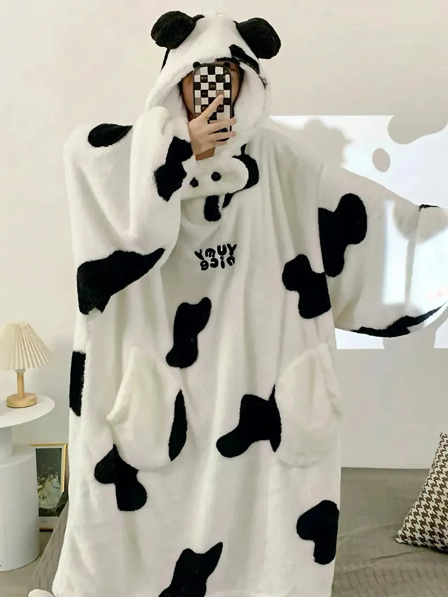 'Cutie Cow' Kawaii Fleeced Cow Prints Fluffy Pjms Rope