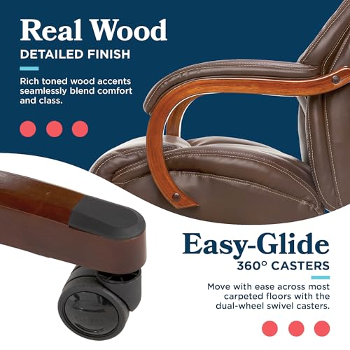 La-Z-Boy Delano Big & Tall Executive Office Chair, Ergonomic Mid-Back Body Pillow Lumbar Support, ComfortCore Memory Foam Cushion, Mahogany Wood Arms & Swivel Base, Bonded Leather, Chestnut Brown
