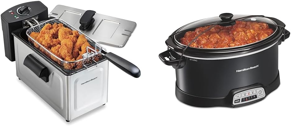 Hamilton Beach 35032 Professional Style Electric Deep Fryer, Frying Basket with Hooks & Portable 7 Quart Programmable Slow Cooker with Three Temperature Settings