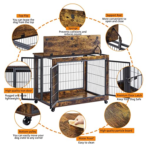 IchbinGo Wooden Dog Crate Table Furniture, 38.5" Dog Kennel with 3 Doors, Flip-up Top Opening and Wheels, Decorative Pet Crate Dog House for Large/Medium/Small Dog Indoor Use (Rustic Brown)
