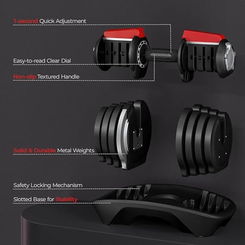Yaheetech Adjustable Dumbbell Set 28/40/52.5/90LBS Adjustable Dumbbells Fast Adjust Dumbbell Weight Set with Anti-Slip Handle and Tray for Men/Women Home Gym Strength Training Equipment Single/Pair