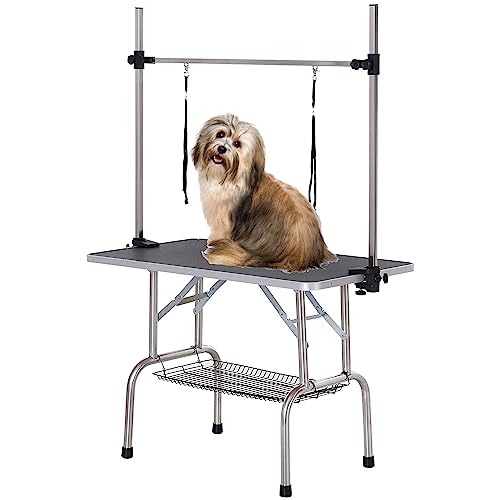 46 Inch Pet Grooming Table for Large Medium Dogs, Adjustable Home Dog Grooming Tables with Arms, Nooses, Mesh Tray