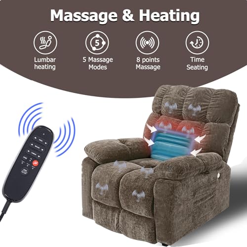 Power Lift Recliner Chair with Massage and Heat, High-end Quality Cloth Power Reclining Chair with 2 Motors for Elderly, 3 Positions, 2 Side Pockets, USB Charge Ports, Brown