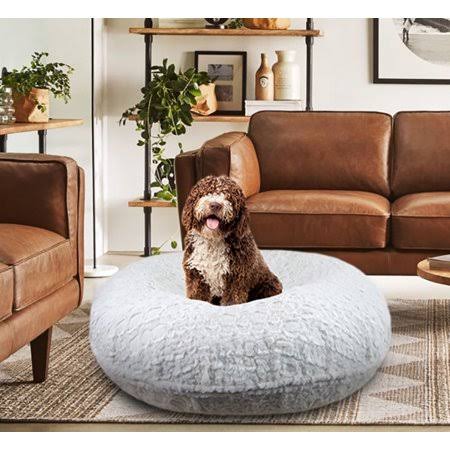 Bessie and Barnie Signature Serenity White Luxury Extra Plush Faux Fur Bagel Pet / Dog Bed - XL - 50x22