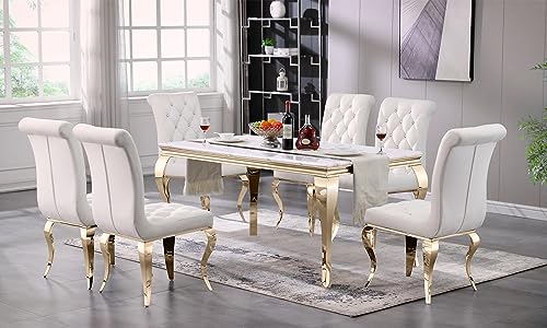 7 Pieces Dining Table Set, Gold Kitchen and Dining Room Sets for 6 with White Texture Top Dining Table and 6 White Velvet Dining Chairs