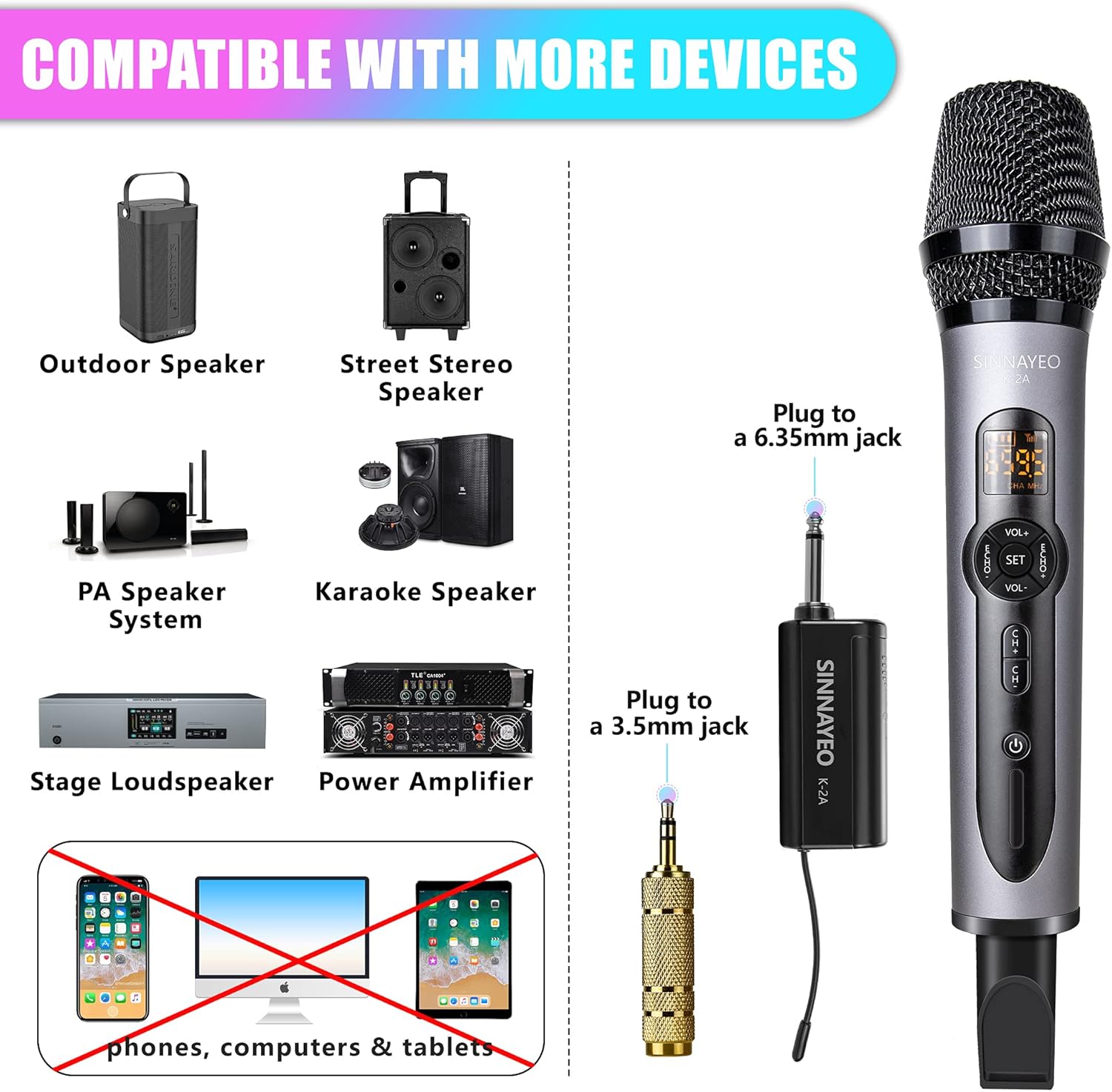 Wireless Microphone, UHF Metal Cordless Handheld Mic System with Rechargeable Receiver, for Karaoke, Singing, Party, Wedding, DJ, Speech Pack of 2