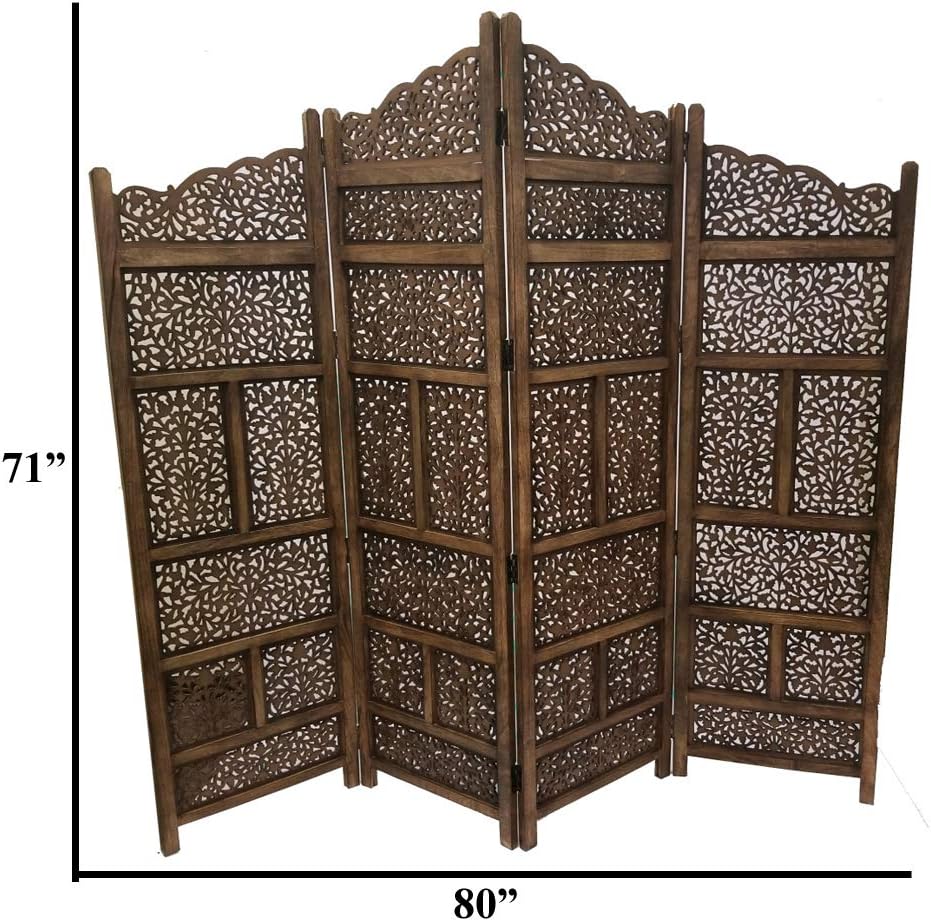 Benjara BM01875 Hand Carved Foldable 4-Panel Wooden Partition Screen/Room Divider, Brown