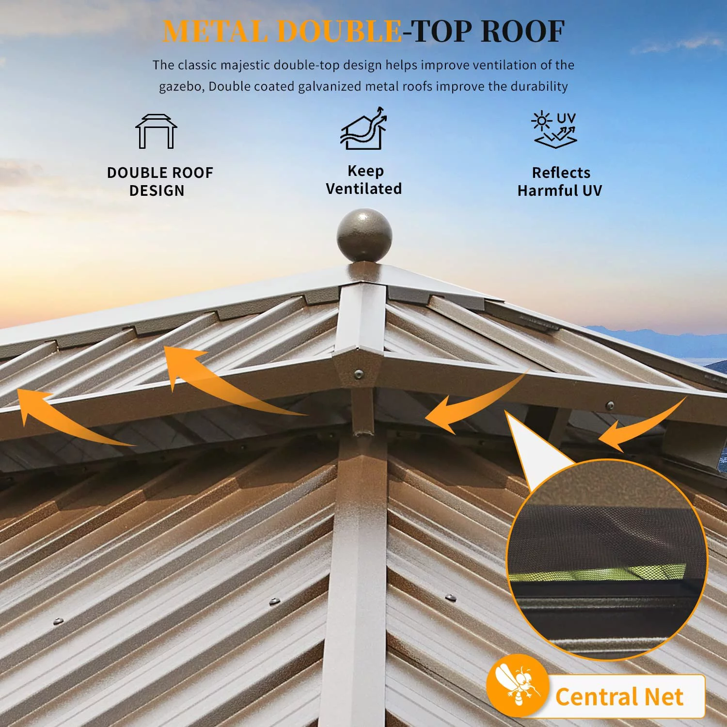 Erinnyees 12 ft x 16 ft Hardtop Gazebo Steel Outdoor Double Vented Roof Shade for Patio, Brown
