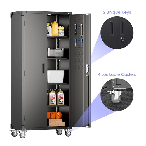 Aobabo Garage Storage Cabinet with Wheels,72" H Metal Storage Cabinet with 2 Doors and 4 Adjustable Shelves for Garage Home, Black,Required-Assembly