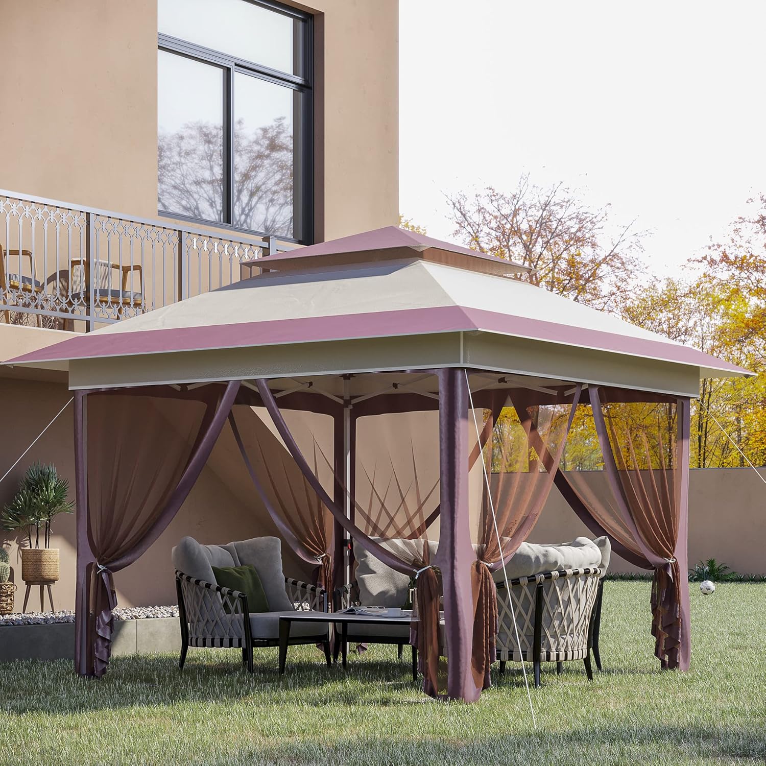 Outsunny 12' x 12' Pop Up Canopy Tent with Netting and Carry Bag, Instant Sun Shelter with 137 sq.ft Shade, Tents for Parties, Height Adjustable, for Outdoor, Garden, Patio, Beige