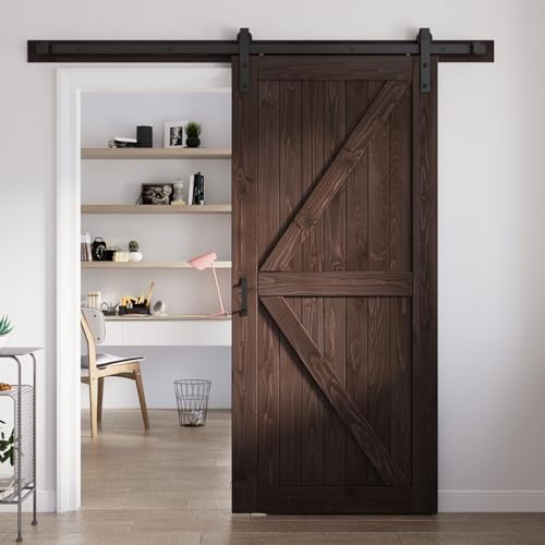 FREDBECK 36in x 84in Brown Barn Door with 6.6ft (79inch) Barn Door Hardware Track Kit and Handle Included, Double Surfaces,Simple Assembly is Required,K-Frame,Coffee