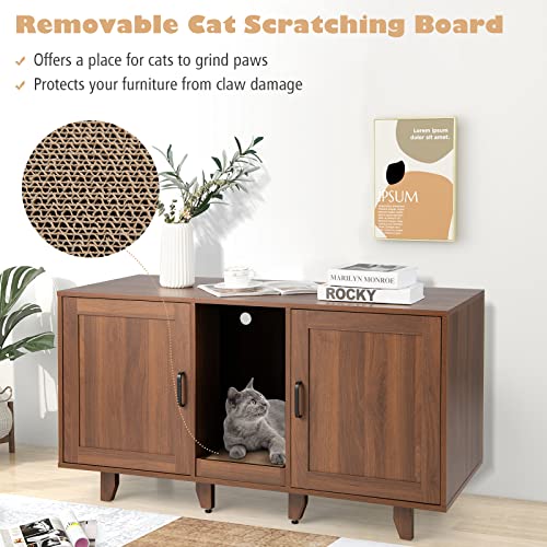 Tangkula Double Cat Litter Box Enclosure for 2 Cats, Large Stackable Hidden Privacy Cat Washroom Cabinet with Scratching Board, Indoor Cat House TV Stand, Litter Box Furniture (Grey Oak)
