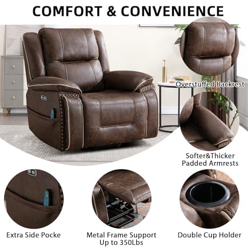 Phoenix Home Dual Motor Power Lift Chair for Elderly, Lift Chairs with Massage and Heat, Leather Electric Chairs for Adults, Recliner Chair with USB, 2 Concealed Cup Holders, Brown