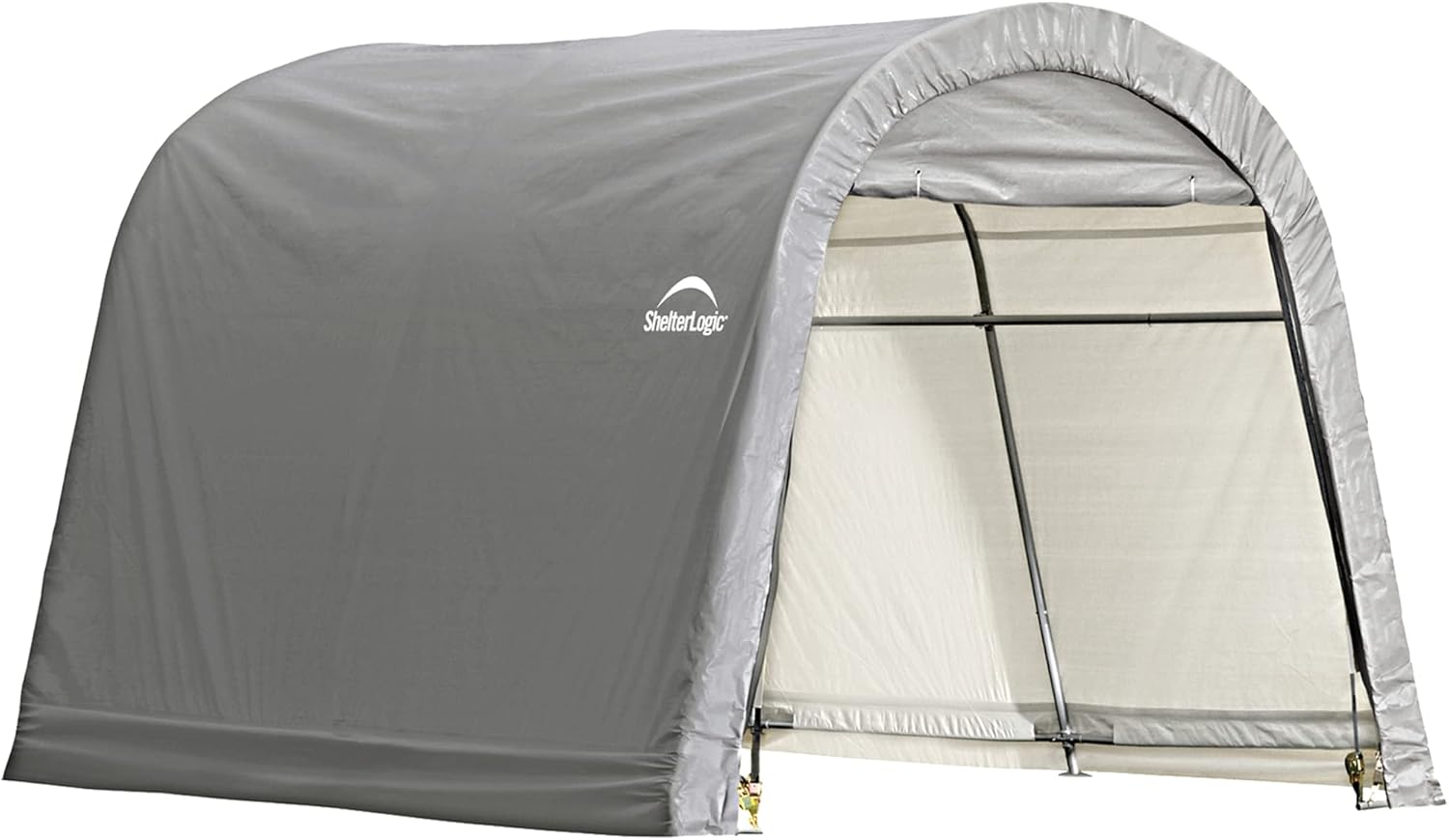 ShelterLogic 10' x 10' Shed-in-a-Box All Season Steel Metal Round Roof Outdoor Storage Shed with Waterproof Cover and Heavy Duty Reusable Auger Anchors, Grey & Pull-Eaze Roll-Up Door Kit