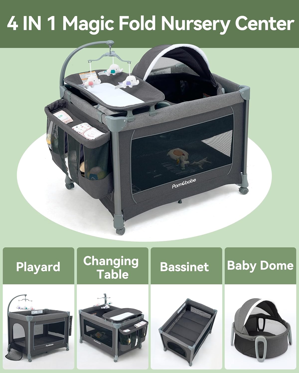 Pamo Babe 4 in 1 Deluxe Nursery Center, Magic Fold Portable Baby Playard with Zipper Gate, Foldable Baby Yard with Changing Table, Detachable Baby Bassinet