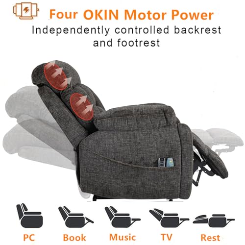 Light Grey Recliner Chair for Elderly | Tall and Big Man 400lbs | Chenille | Power Lift, Lay Flat, Stand Up, Wireless Charging Device, Extended Footrest, Massage Heat, Cup Holder, Lumbar Pillow