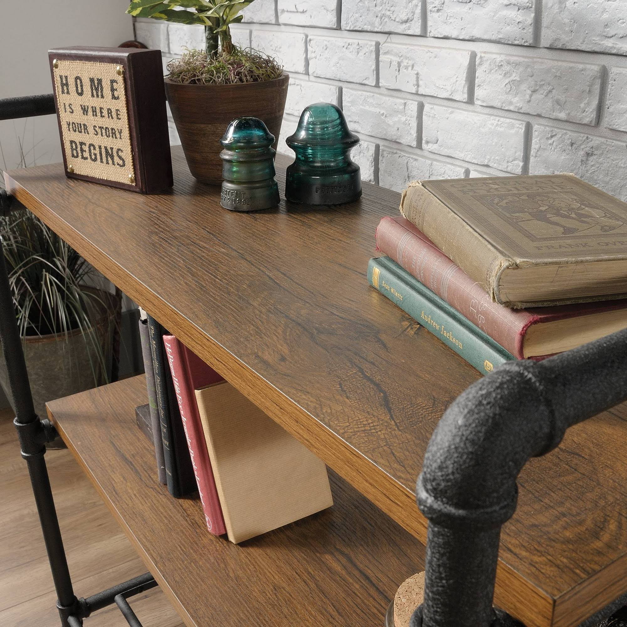 Sauder Iron City Anywhere Console Table, Checked Oak