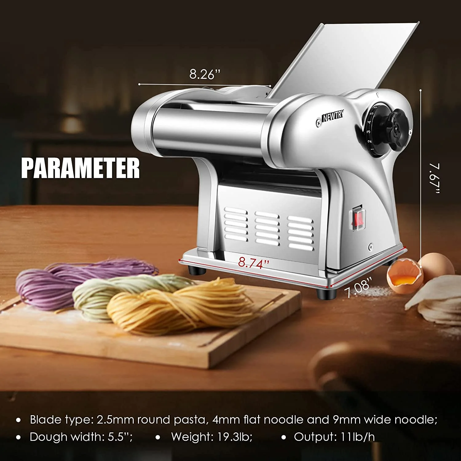 OUWI Electric Pasta Maker Noodle Maker Pasta Making Machine Dough Roller Cutter Thickness Adjustable Stainless Steel US 110V for Family Use 3 Blades Type