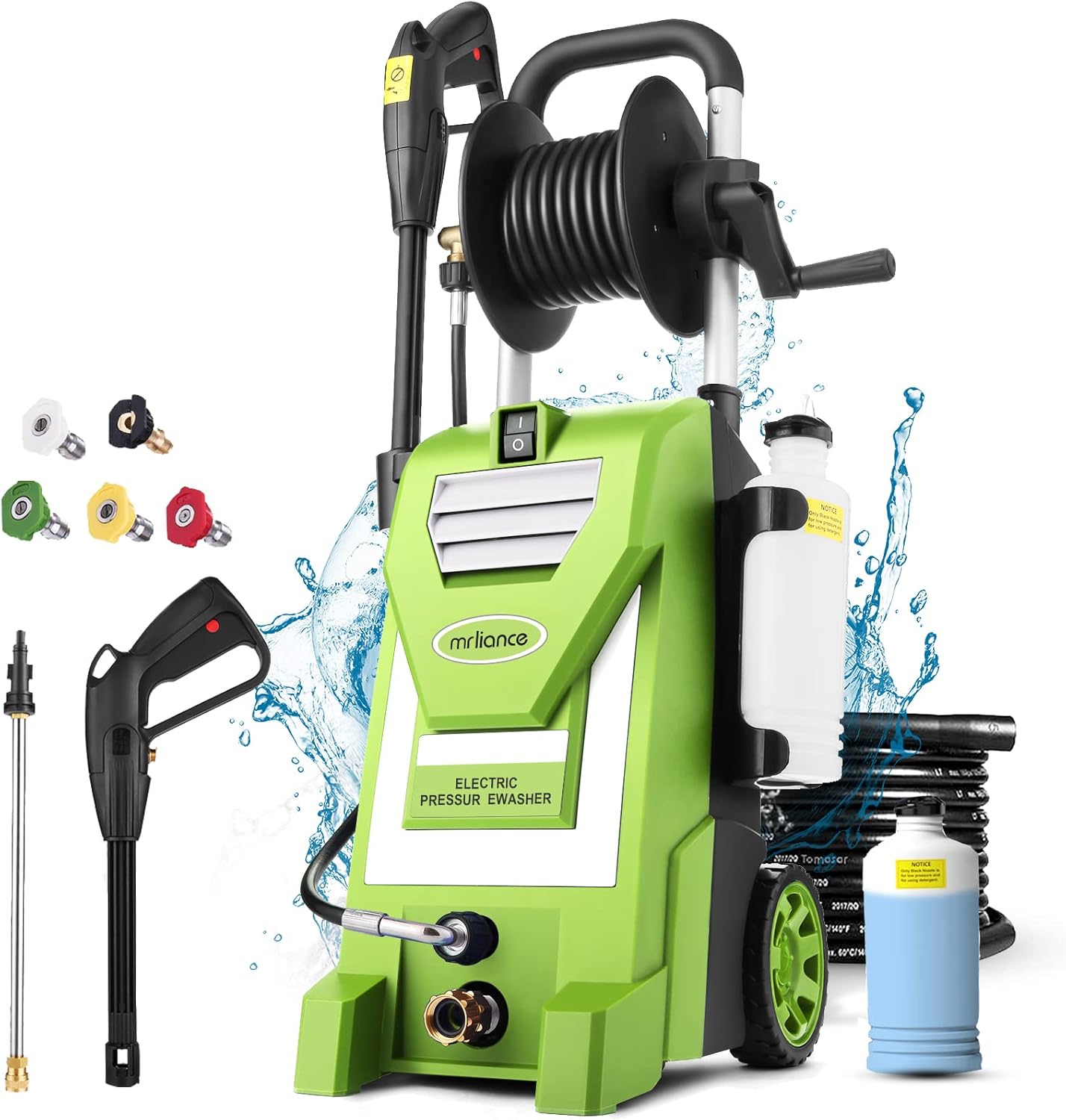Pressure Washer mrliance Electric Power Washer 1800W High Pressure Washer MR3000 Professional Car Washer with Hose Reel, 5 Nozzles, Soap Bottle for Cleaning Houses Driveways Fences Garden (Blue)