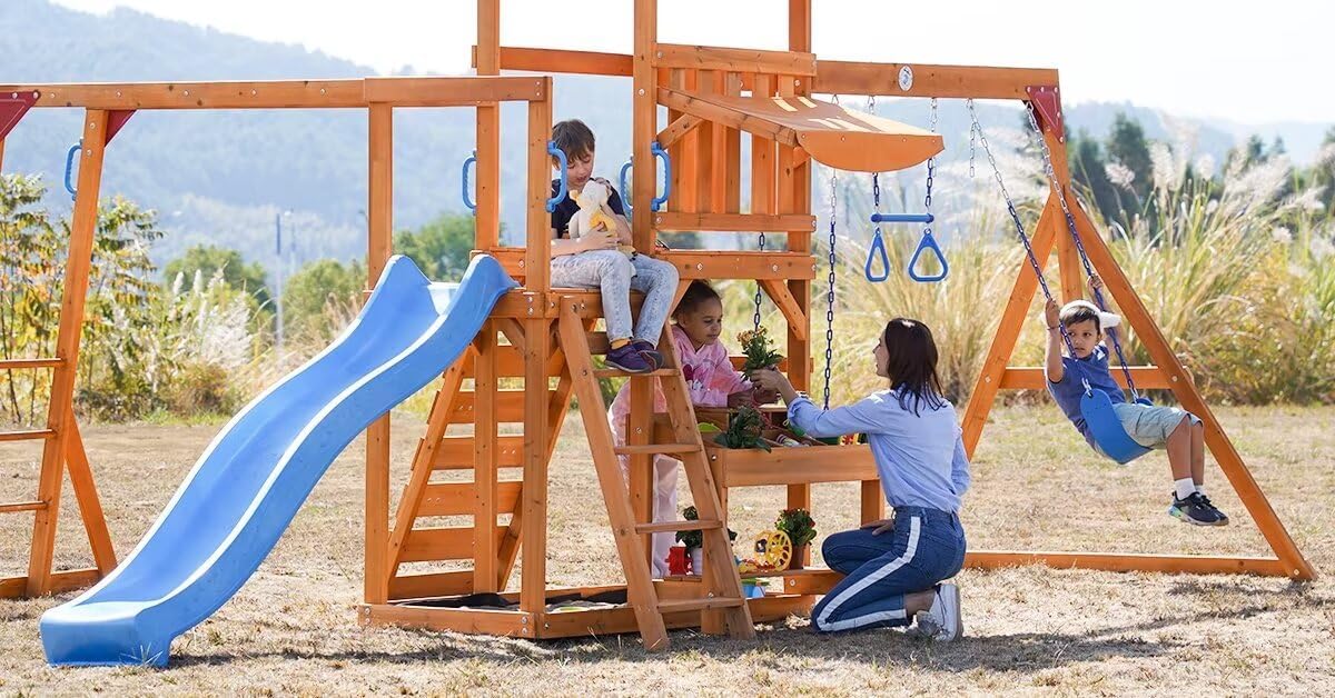 Dolphin Playground Swing Sets for Backyard with Monkey bar, Wooden Playground Sets for Backyards with 8FT Wave Slide, Multi-Functional Shelf, 2 Belt Swings, Outdoor Playset for Kids 3-10