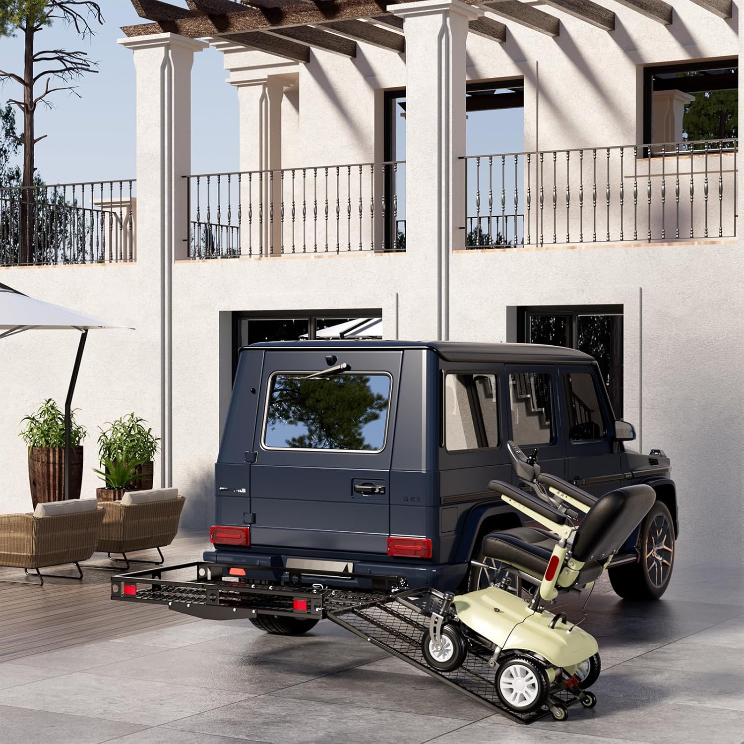 Mobility Scooter Carrier, 500 LBS Capacity Wheelchair Carrier Hitch Mount with Foldable Ramp, Stabilizer & Straps, Heavy-Duty Hitch Carrier for Mobility Scooter, Lawn Mower & Snow Blower