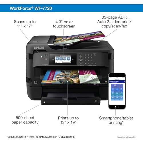 Epson WorkForce WF-7720 Wireless Wide-format Color Inkjet Printer with Copy, Scan, Fax, Wi-Fi Direct and Ethernet, Amazon Dash Replenishment Ready