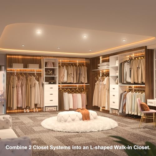 Armocity 120 Inches Closet System, 10FT Walk In Closet Organizer with 3 Shelving Towers, Heavy Duty Clothes Rack with 3 Drawers, Built-In Garment Rack, 120" L x 16" W x 75" H, Load 1300 LBS, White Oak