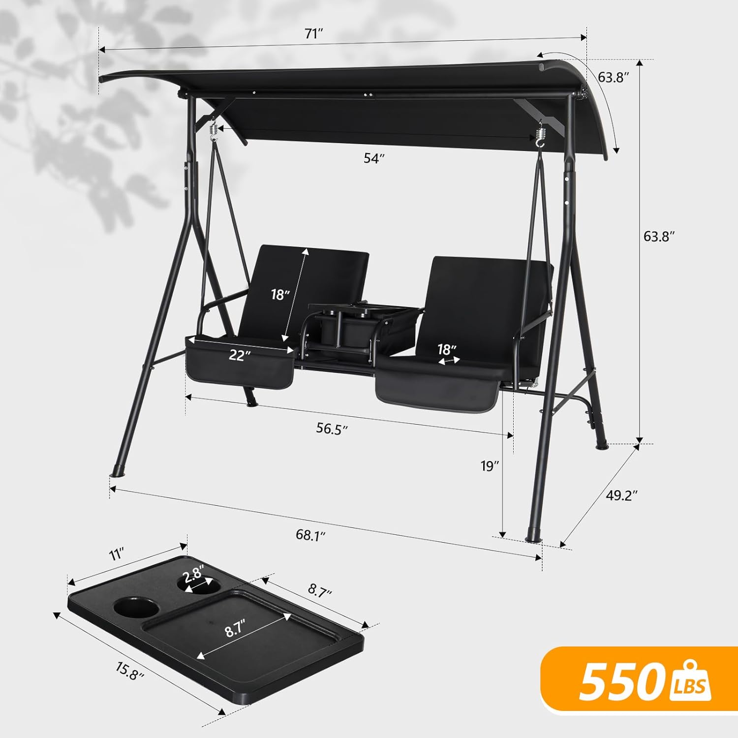 VINGLI Outdoor Porch Swing with Canopy, Heavy Duty 550 LBS Canopy Swing with Cup Holder & Ice Bag & Cushions for Yard, Pool, Lawn, Indoors, Black