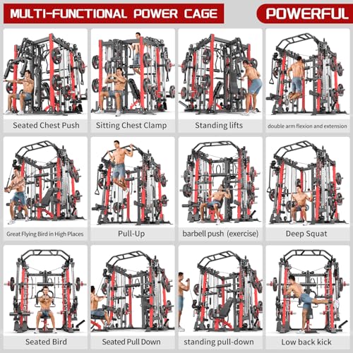 L05/07 Smith Machine，Multi-Function Squat Rack Power Cage with Cable Crossover System,with Weight Bench, Olympic Barbell Weight Set, for Home Gym