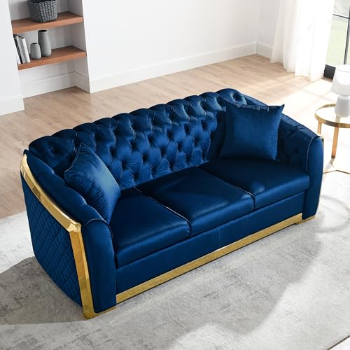 WILLIAMSPACE 81.1" Tufted Velvet Sofa Couch for Living Room, 3 Seater Button Sofa with Stainless Steel Gold Plating Decoration, Comfy Soft Upholstered Couch with 2 Pillows - Blue