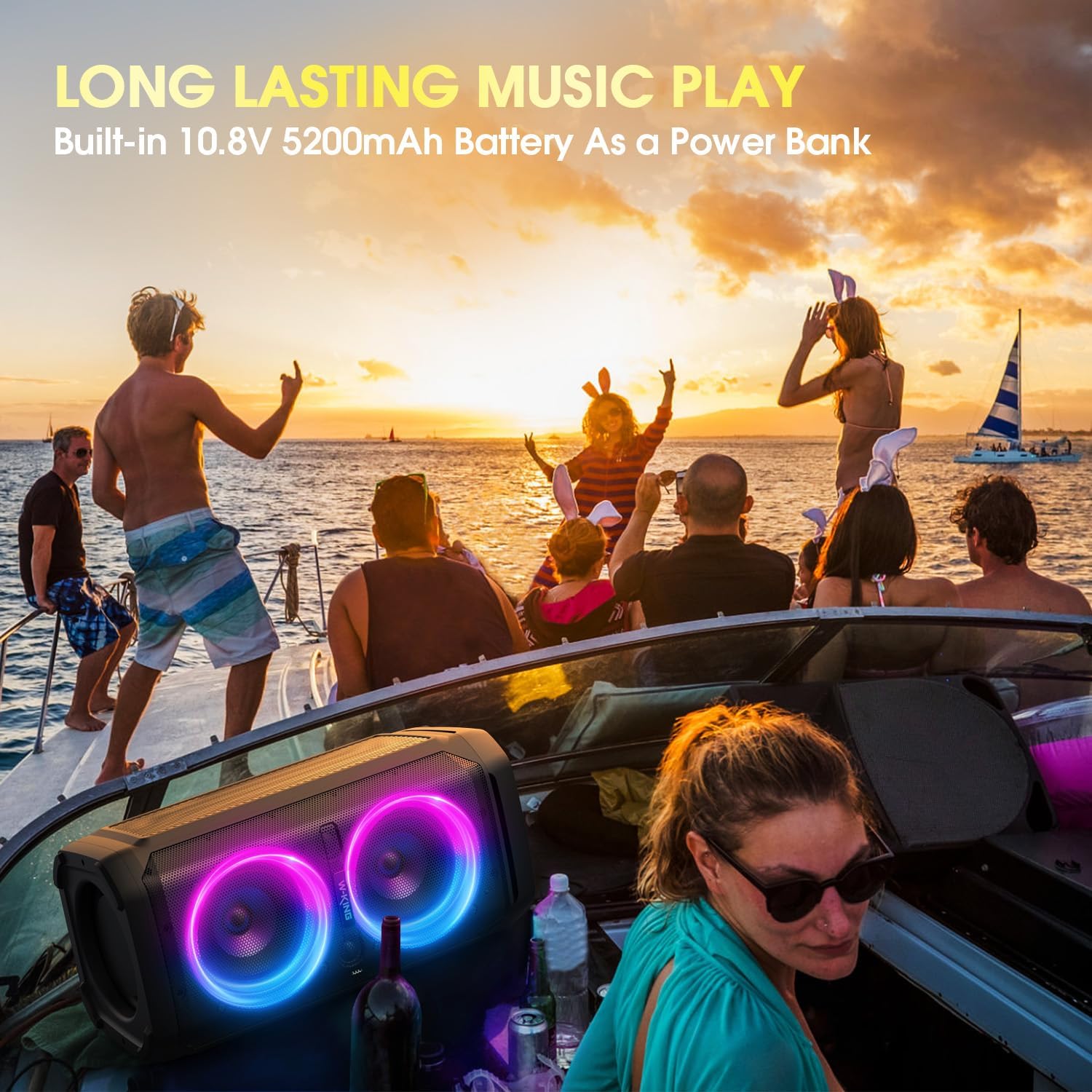 W-KING 220W Peak 100W RMS Bluetooth Speakers, IPX6 Waterproof, V5.3 Portable Party Boombox Speaker Wireless Deep Bass/115dB Loud Massive Sound,Karaoke Outdoor LED Lights/Mic & Guitar Port/Echo/USB/EQ