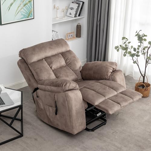 Oversized Power Lift Chair for Elderly, 26-inch Wide Seat with Heat & Massage, Hidden Cup Holder - Big Man Recliner 350 lbs (Brown)