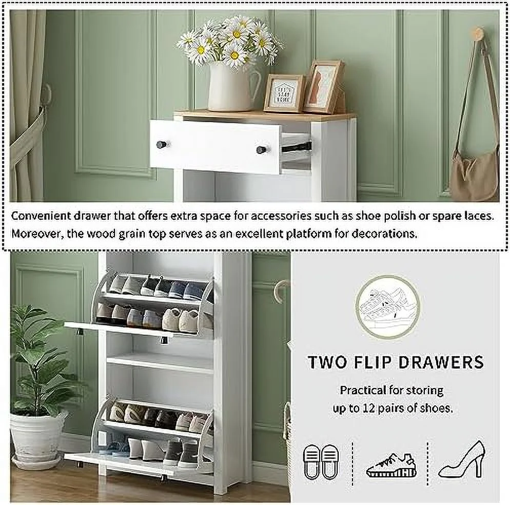 HOOMHIBIU Slim Shoe Cabinet with 2 Flip Drawers White Narrow Wall Hidden Shoe Cabinet  Freestanding Shoe Rack  Cabinet Organizer for Entrance Hallway White