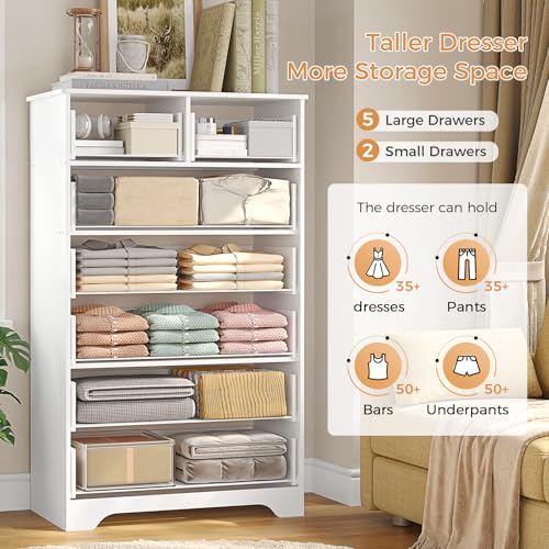 Hasuit Tall Dresser for Bedroom, White Large Chest of Drawers, 55.6'' High Dressers with 7 Drawers, Modern Wooden Vertical Storage Clothes Closet Organizer