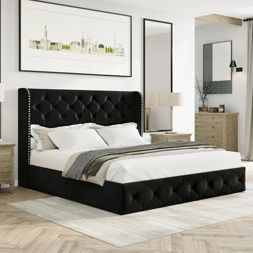 Bed Frame King Size with Storage Drawers and Tufted Headboard, Velvet Upholstered Platform Bed Wingback Bed Frame with Wood Slats, No Box Spring Needed, Black