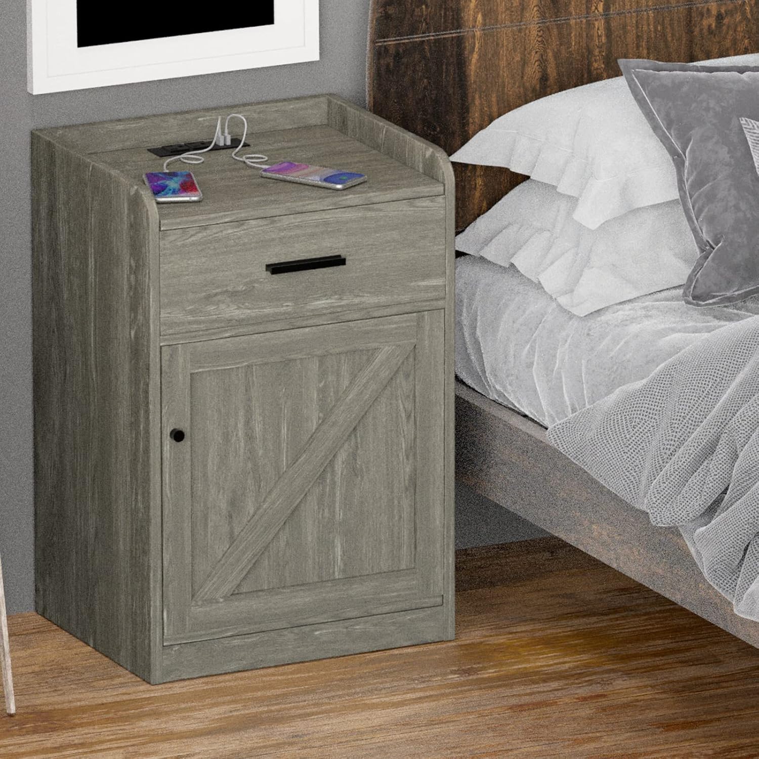 Modern Farmhouse Night Stand with Charging Station, Bed Bedside Tables Bedroom set of 2, Wood Nightstand with Storage Drawer for Bedroom Living Room Sofa Home Office-Walnut