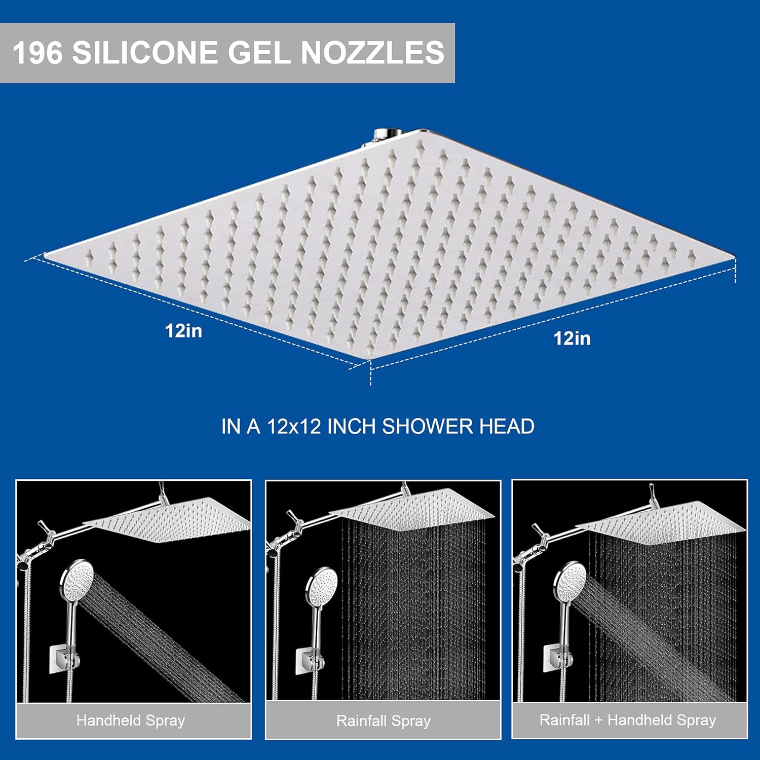 12 Inch Square Rain Shower Head with Handheld Shower Combo, High-Pressure Rainfall Shower Head with 13.5" Extension Arm, 6-Setting Handheld Showerhead with Hose & Holder (12") Pack of 2
