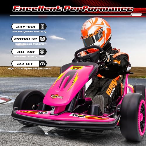 24V Electric Go Kart for Kids, 400W Drift Cart with EVA Tires, High/Low Speed, Max Speed 8.1 MPH, Music, Wireless, Electric Crazy Go-Kart Outdoor Ride on Toy for Kids Ages 6+, Red