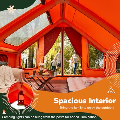 YOLENY Inflatable Tents for Camping, 4/6/8/10/12 Person Tent with TPU Skylight, Mesh Windows, Stove Jack & Pump, Easy Setup 4 Season Glamping Tent, Waterproof & Windproof