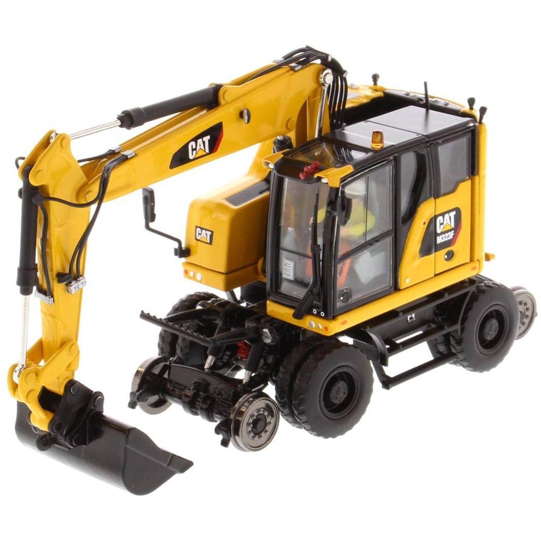 Cat Caterpillar M323F Railroad Wheeled Excavator w/Operator u0026 3 Work Tools Safety Yellow Ver. 1/50 Model by Diecast Masters