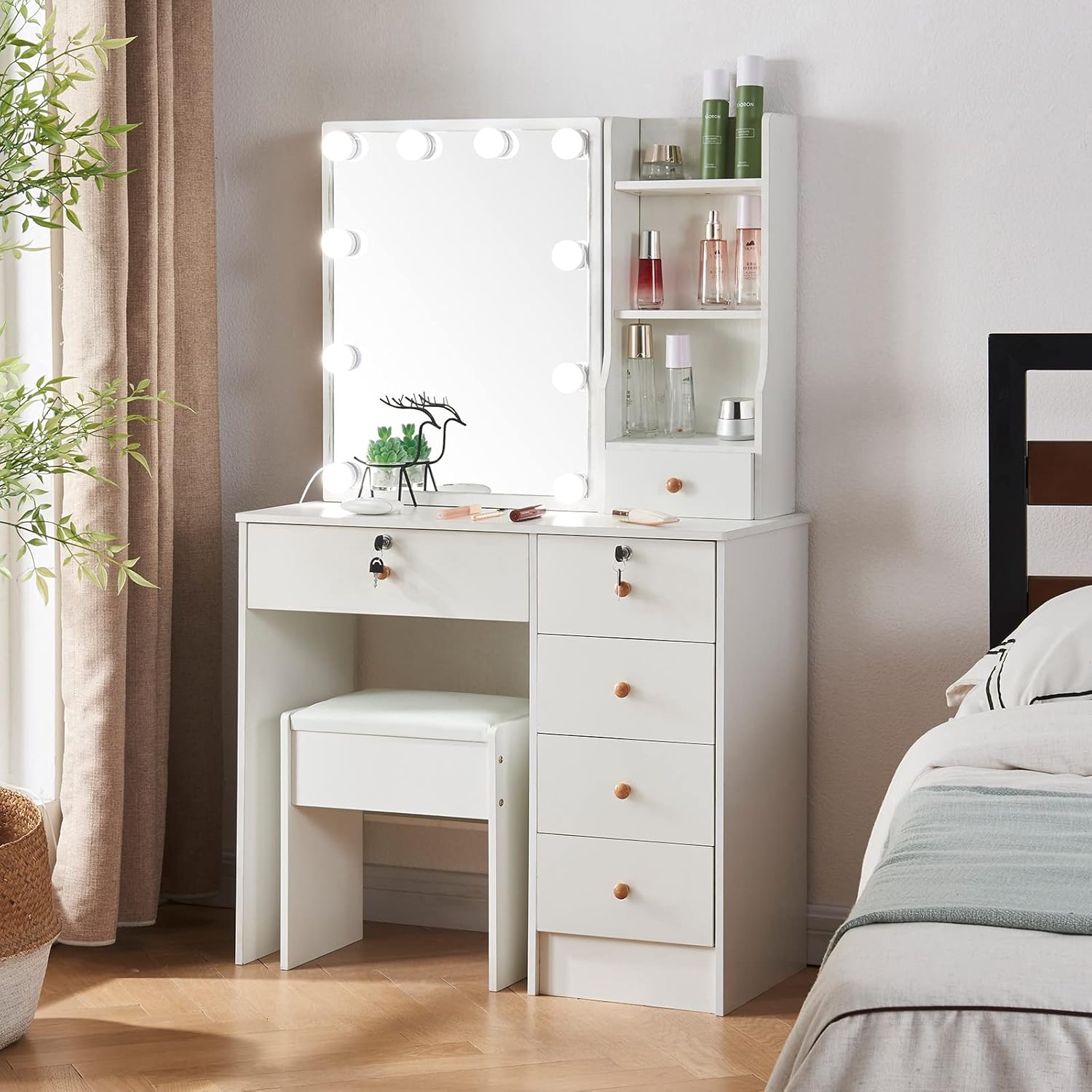 Girls Makeup Vanity with Sliding Mirror and Lights for Home, Hollywood Style Vanity Desk with Lockable Drawers and Cabinets, Dressing Cosmetic Table with Soft Chair for Girls