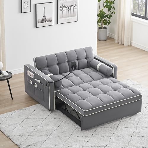 Sleeper Sofa Couch w/Pull Out Bed, 55" Modern Velvet Convertible Sleeper Sofa Bed, Small Love seat Sofa Bed w/Pillows & Side Pockets for Small Space, Living Room, Apartment (Beige)