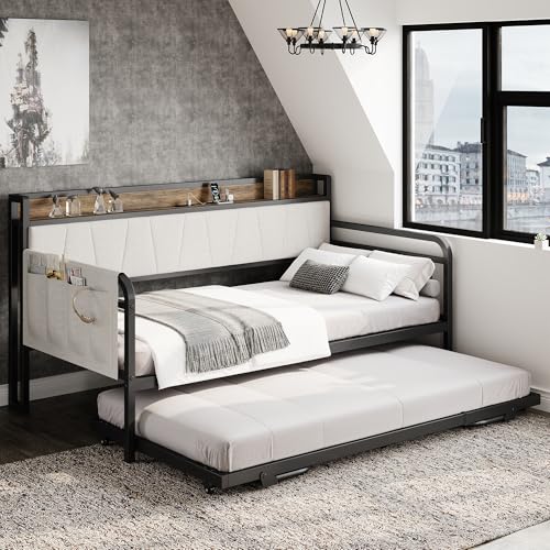 LIKIMIO Daybed with Trundle Bed, Twin Bed Frame with Storage Headboard and Charging Station, Sofa Day Bed with Strong Supports for Living Room, Bedroom, and Guest Room, Grey